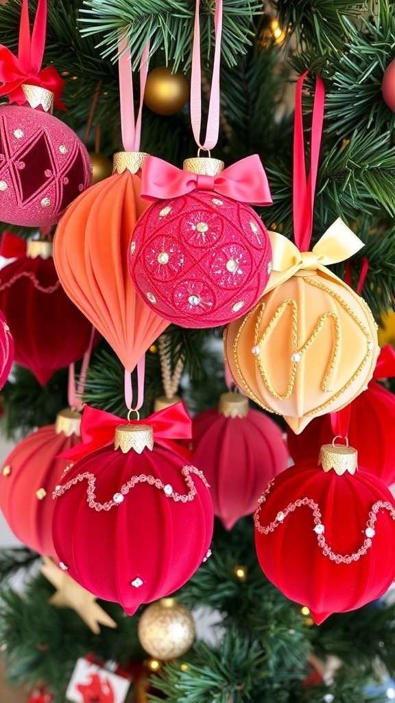 Colorful velvet Christmas ornaments in various shapes hanging on a tree.